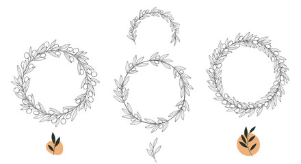 Obraz premium Elegant olive branch wreaths and decorative design elements on white background, perfect for invitations, cards, and branding purposes.