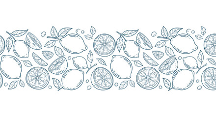 Artistic hand-drawn seamless border pattern with outline lemons, refreshing slices, and leaves, perfect for summer and natural designs.