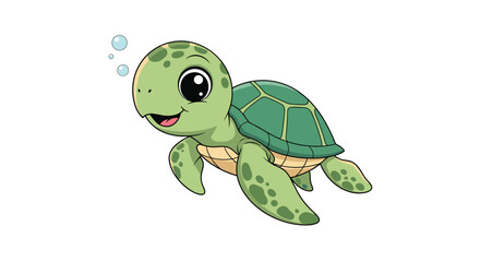 Cute cartoon sea turtle swimming with bubbles, a friendly and adorable marine animal illustration.