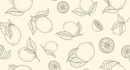 Seamless pattern of hand-drawn lemons and leaves on a light cream background.