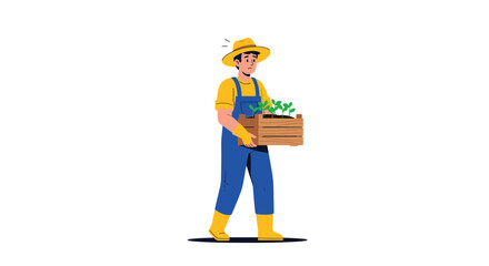 Concerned young farmer in overalls and a straw hat carrying a wooden crate of green plant seedlings.