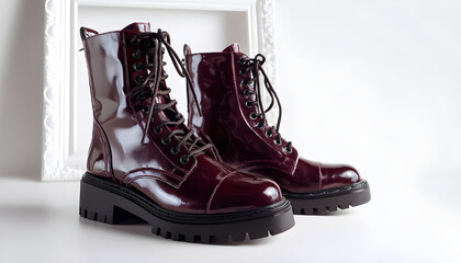 Burgundy leather lace-up ankle boots with thick black platform soles sit against white studio backdrop. Fashionable women boots