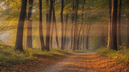 Enchanting Forest Path Bathed in Golden Autumn Sunlight and Mist