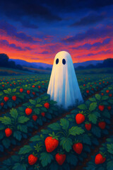 Ghost in the Strawberry Field – Sunset Spirit Among Ripe Fruits