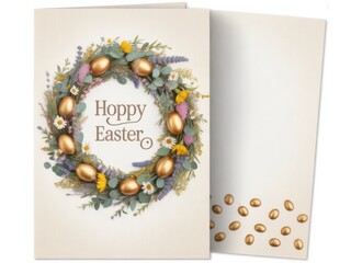 Festive Easter Card with Golden Eggs and Floral Wreath