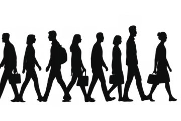 Business people silhouettes walking forward, commuters crowd moving, teamwork and unity concept, transparent background