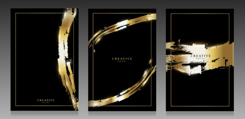Elegant luxury set of three black and gold abstract covers with metallic brush strokes. Modern minimalist design for invitations, posters, or branding with a royal premium style.