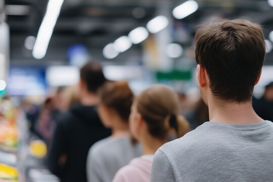 Blurred image of customers standing in line, emphasizing the concept of waiting or retail congestion