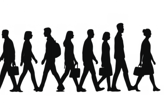 Business people silhouettes walking forward, commuters crowd moving, teamwork and unity concept, transparent background
