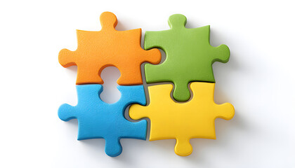 Obraz premium Four colorful puzzle pieces interlock forming a cohesive unit. Represents connection, unity, and problem solving. Ideal for themes of teamwork or inclusion