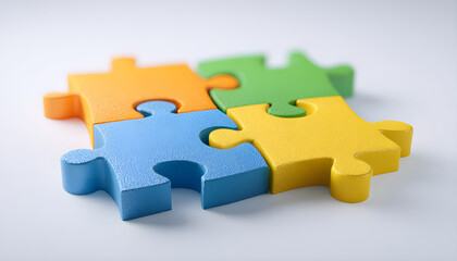 Fototapeta premium Four colorful puzzle pieces interlock forming a cohesive unit. Represents connection, unity, and problem solving. Ideal for themes of teamwork or inclusion