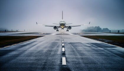Fototapeta premium commercial jet airplane taking off from airport runway in foggy weather