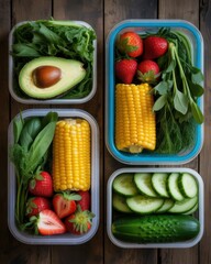 Four clear food containers filled with fresh fruits and vegetables healthy meal