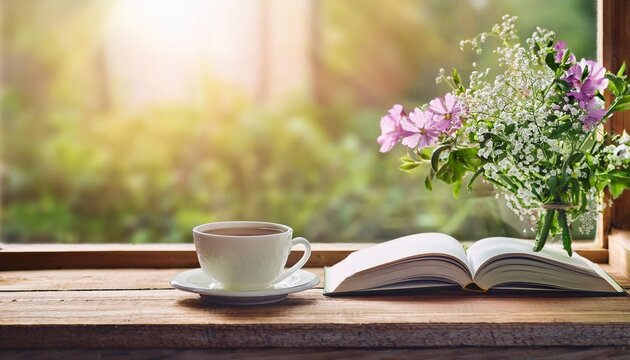 coffee cup and open book on wooden table with flowers by window - Powered by Adobe