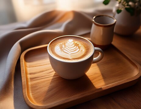 cozy morning latte with latte art in a ceramic mug on wooden tray n warm minimalist coffee scene