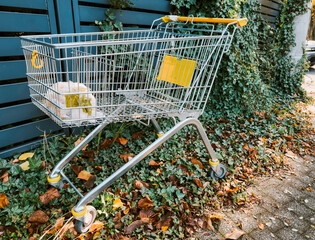 Abandoned shopping cart in empty urban area, symbol of consumerism, waste and modern lifestyle