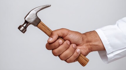 Hand of a skilled craftsman holding a hammer with a wooden handle, showcasing the tool's metallic head and emphasizing craftsmanship in a minimalist setting with neutral background