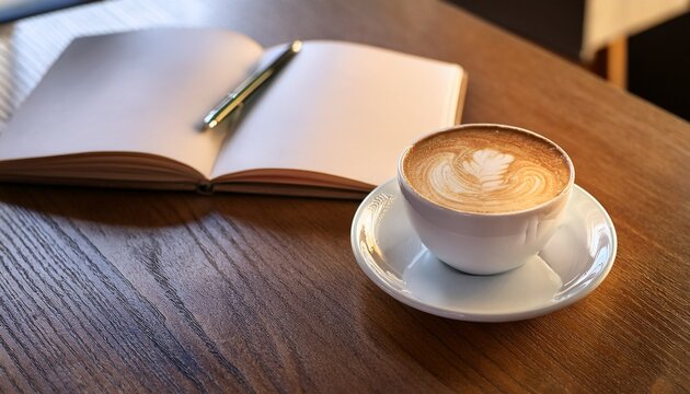latte art coffee cup and notebook in cozy cafe interior