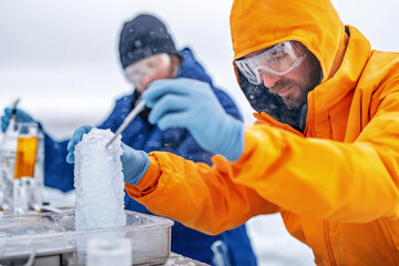 Climate Scientists Collecting Ice Core Samples in Arctic Expedition