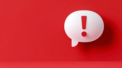 3D illustration of a speech bubble with an exclamation mark on a vibrant red background, emphasizing communication and alertness, ideal for conveying important messages or announcements