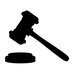 Black silhouette of a gavel and striking block over white background