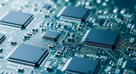 Obraz premium Close up macro view of a complex electronic circuit board with many integrated circuits and components