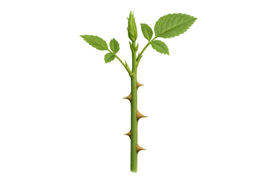 Rose stem young sprout with green leaves and thorns growing, isolated on transparent background