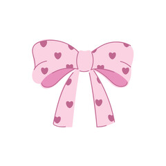Pink bow with hearts on a white background. Vector illustration for printing. Cute baby background for girls