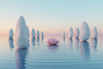 Zen garden with pink lotus flower and white stones on water at sunrise image