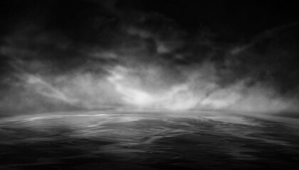 Naklejka premium Dark night scene over water, fog over dark ocean water, dark surface, neon light, reflections on the water. Fantasy night water scene.