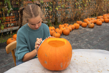 Young girl with brown hair, focused on carving a pumpkin at a table outdoors, surrounded by numerous pumpkins, showcasing creativity and seasonal celebration