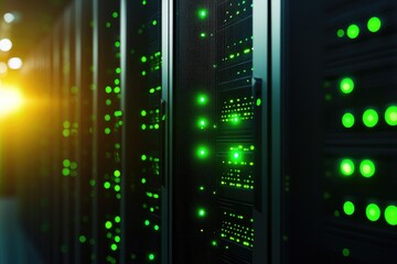 Naklejka premium Modern IT data center with server racks and green LED lights, perfect for technology presentations, cloud computing visuals, and digital infrastructure backgrounds