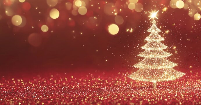 Elegant Christmas tree made of golden glowing particles on a red festive background, ideal for holiday greeting cards, New Year celebration materials, and seasonal decoration visuals