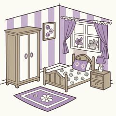 bedroom interior, cozy room, purple decor, beige furniture, floral blanket, purple pillow, single bed, 