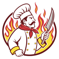 chef illustration, cartoon chef, stern chef, confident cook, chef with knife, chef holding knife, 