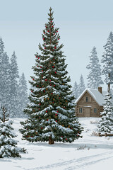  Christmas tree adorned with ornaments stands tall in the snowy landscape, illustration