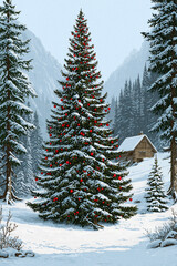  Christmas tree adorned with ornaments stands tall in the snowy landscape, illustration