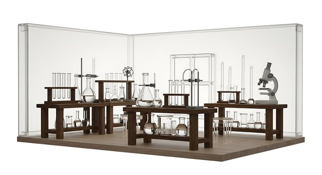 Stylized 3D Illustration of a Minimalist Science Laboratory
