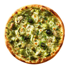 A vibrant green vegetable pizza featuring broccoli mushrooms olives and fresh herbs on a bed of melted cheese viewed from directly above, isolated on transparent background, perfect cutout, PNG