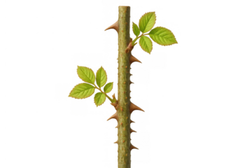 Rose stem featuring fresh green leaves and protective thorns. Growth symbol on transparent background