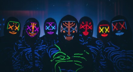 Mysterious anonymous gang in glowing neon masks. Hacker group concept. People in dark hoodies with LED purge masks for Halloween costume party, rave or music festival. Cyberpunk.