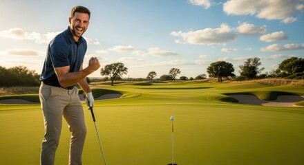 Successful golfer celebrating a winning putt on the green with a fist pump. Happy man showing joy and excitement after victory. Achievement in sports and leisure lifestyle.