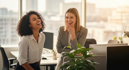 Two diverse female colleagues sharing a laugh in a modern office. Concept of a positive work environment, teamwork, friendship, and success in business. Happy multi-ethnic women.