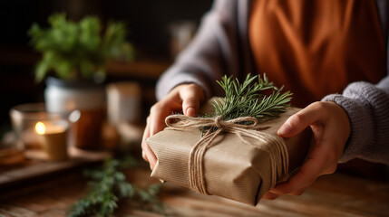 Hands wrapping present in eco friendly kraft paper with natural twine face obscured by work sustainable gift wrap zero waste Christmas environmentally friendly packaging green