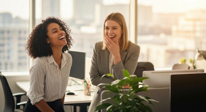 Two diverse female colleagues sharing a laugh in a modern office. Concept of a positive work environment, teamwork, friendship, and success in business. Happy multi-ethnic women.