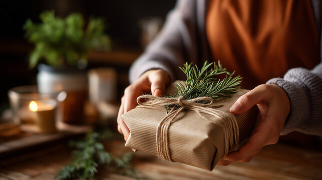 Hands wrapping present in eco friendly kraft paper with natural twine face obscured by work sustainable gift wrap zero waste Christmas environmentally friendly packaging green - Powered by Adobe
