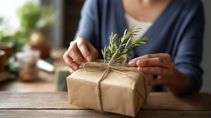 Hands wrapping present in eco friendly kraft paper with natural twine face obscured by work sustainable gift wrap zero waste Christmas environmentally friendly packaging green