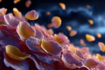 Enchanting Rose Petal Cascade in Dreamy Twilight Glow, Romantic Bokeh Background