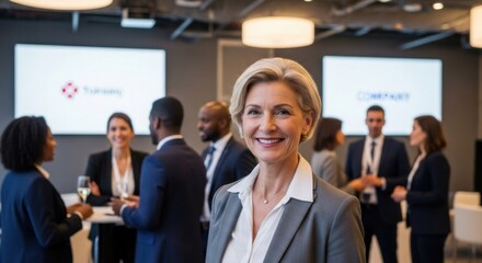 Confident mature senior businesswoman smiling at a business conference. Portrait of a successful female leader at a corporate event. Concept of leadership, career and success.