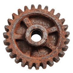 A heavily rusted old metal gear wheel with worn teeth isolated against a solid , isolated on transparent background, perfect cutout, PNG
